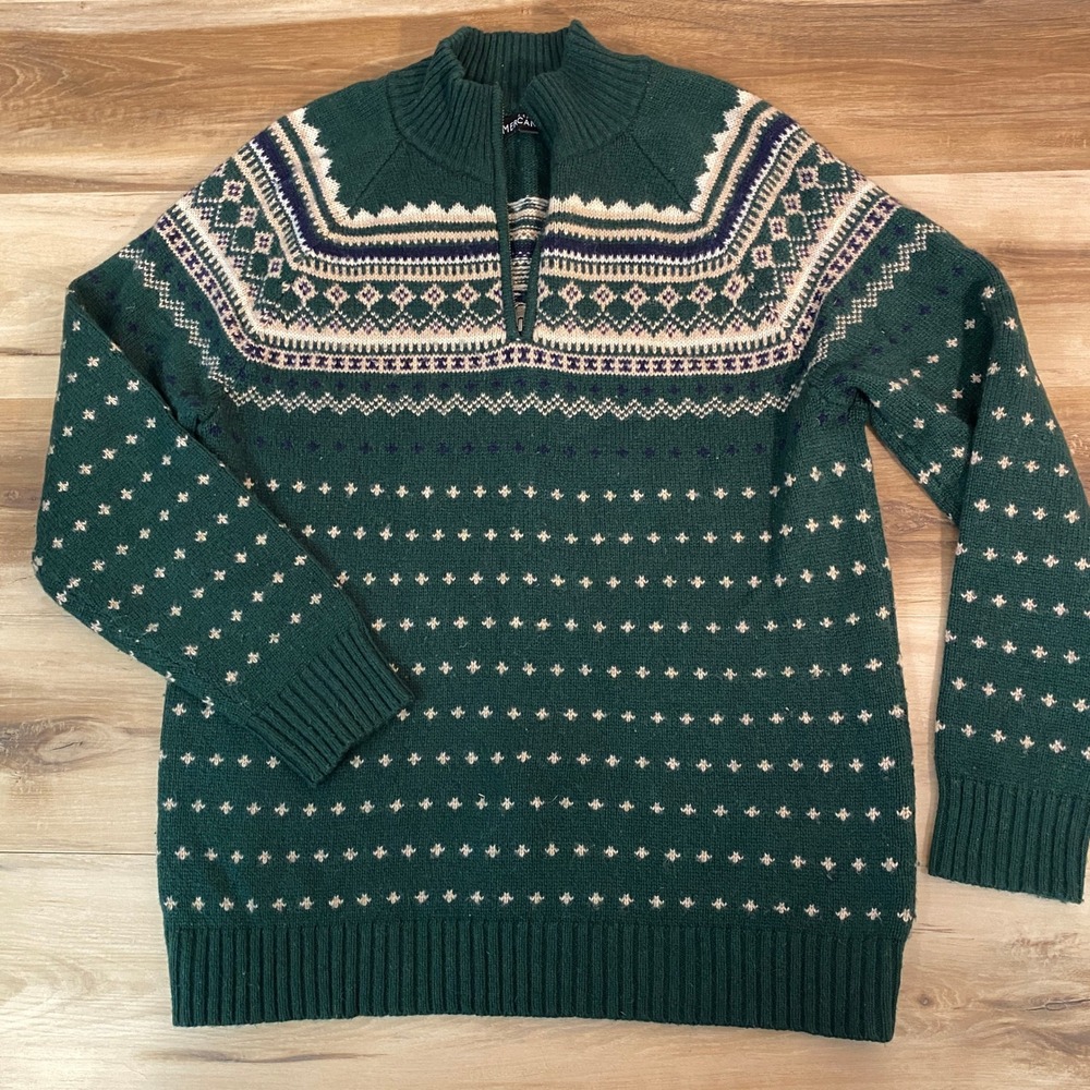 J.Crew Mercantile Mens Green Fair Isle Lambswool Quarter Zip Sweater Large K3326